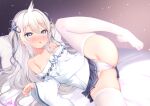  1girl azur_lane bed blue_eyes breasts collarbone commentary_request gmkj looking_at_viewer lying no_shoes on_side open_mouth panties pillow silver_hair simple_background small_breasts solo spread_legs thighhighs umikaze_(azur_lane) underwear white_legwear 