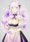  1girl apron bangs black_bow black_bowtie blush bow bowtie braid breasts cleavage closed_mouth cup dress eyebrows_visible_through_hair flower fujie-yz grey_background highres holding holding_cup large_breasts leaf long_hair looking_at_viewer maid original pink_flower puffy_short_sleeves puffy_sleeves purple_eyes purple_flower short_sleeves side_braids simple_background solo teapot white_apron white_flower white_hair 