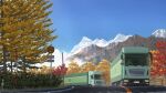  2boys autumn autumn_leaves black_hair bush cloud commentary_request container day ground_vehicle highres kanji landscape motor_vehicle mountain multiple_boys nature original riding road scenery shadow shirt sign signature sky snow_mountain speed_limit_sign tateyuki tree truck 