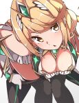  1girl absurdres bangs bare_shoulders black_legwear blonde_hair breasts chest_jewel cleavage cleavage_cutout clothing_cutout dress earrings elbow_gloves gloves gokuu_(acoloredpencil) highres jewelry large_breasts long_hair mythra_(massive_melee)_(xenoblade) mythra_(xenoblade) short_dress super_smash_bros. swept_bangs tiara very_long_hair white_dress white_gloves xenoblade_chronicles_(series) xenoblade_chronicles_2 yellow_eyes 
