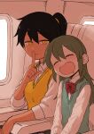  2girls absurdres aircraft airplane airplane_interior aqua_sweater_vest armrest bangs black_hair blush bow bowtie closed_eyes collared_shirt commentary dark-skinned_female dark_skin dress_shirt drooling fang finger_to_mouth green_eyes green_hair hair_between_eyes hair_down height_difference highres igarashi_futaba_(shiromanta) index_finger_raised kurobe_natsumi_(shiromanta) long_hair long_sleeves looking_at_viewer medium_hair multiple_girls open_mouth parted_lips ponytail red_bow red_bowtie seat senpai_ga_uzai_kouhai_no_hanashi shiromanta shirt short_hair shushing sitting sleeping sleeping_upright slit_pupils smile sweater_vest tan v_arms white_shirt window yellow_eyes yellow_sweater_vest younger 