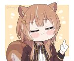  1girl =_= animal_ears ayunda_risu blush_stickers brown_hair chibi commentary english_commentary gloves hololive hololive_indonesia index_finger_raised jacket kukie-nyan long_hair official_alternate_costume red_jacket short_hair_with_long_locks smile solo squirrel_ears squirrel_girl squirrel_tail tail twitter_username virtual_youtuber white_gloves 