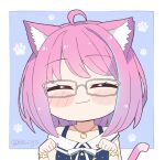  1girl :3 ^_^ ahoge animal_ears blue_dress blush_stickers bob_cut cat_ears cat_girl cat_tail chibi closed_eyes commentary dress english_commentary glasses gradient_hair himemori_luna hololive kukie-nyan medium_hair multicolored_hair paw_pose pink_hair purple_hair sailor_collar sailor_dress smile solo tail twitter_username upper_body virtual_youtuber 