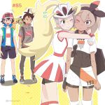  2boys 2girls ash_ketchum bangs bea_(pokemon) bike_shorts black_bodysuit blonde_hair blush bodysuit bow_hairband dress eyelashes goh_(pokemon) grey_hair grookey hairband helmet high_ponytail highres hug ichi_(pikapikapocket) korrina_(pokemon) long_hair multiple_boys multiple_girls one_eye_closed pikachu pokemon pokemon_(anime) pokemon_swsh_(anime) sleeveless twitter_username white_dress yuri 