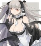  1girl azur_lane bangs between_breasts black_nails breasts cleavage detached_sleeves dress eyebrows_visible_through_hair formidable_(azur_lane) frilled_dress frills fujie-yz grey_hair hair_ribbon highres large_breasts long_hair looking_at_viewer nail_polish neckwear_between_breasts red_eyes ribbon simple_background skirt_hold solo twintails two-tone_background two-tone_dress two-tone_ribbon upper_body 