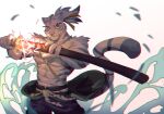  1boy :3 abs animal_ear_fluff animal_ears animal_nose arms_up aura belt bing_ya blue_pants body_fur brown_ribbon chromatic_aberration closed_mouth commentary_request cowboy_shot furry furry_male glowing grey_fur grey_hair hair_ribbon happy highres holding holding_sword holding_weapon jpeg_artifacts katana looking_to_the_side male_focus muscular muscular_male navel nimbus_(world_flipper) pants pectorals ribbon sheath short_hair simple_background smile snout solo standing stomach striped_tail sword tail tied_hair tiger_boy tiger_ears tiger_tail topknot topless_male unsheathing weapon white_background white_fur world_flipper yellow_eyes 