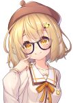  1girl absurdres animare bespectacled blonde_hair collarbone glasses hair_between_eyes hair_ornament hairclip hat highres inaba_haneru_(animare) medium_hair pointing pointing_at_self portrait school_uniform simple_background smile solo virtual_youtuber wakagi_repa white_background yellow_eyes 