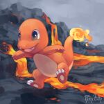  charmander claws commentary english_commentary fangs fire flame full_body happy jumping molten_rock no_humans open_mouth outdoors pokemon pokemon_(creature) rileykitty signature smile solo tail-tip_fire tongue 