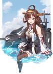  1girl ahoge bare_shoulders black_legwear black_skirt blue_sky brown_hair closed_mouth cloud detached_sleeves double_bun eyebrows_visible_through_hair hair_between_eyes hairband headgear highres japanese_clothes kantai_collection kongou_(kancolle) long_hair looking_at_viewer machinery minosu nontraditional_miko open_mouth pleated_skirt purple_eyes remodel_(kantai_collection) revision ribbon-trimmed_sleeves ribbon_trim rigging skirt sky smile solo thighhighs turret wide_sleeves 