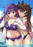  2girls a-senmei absurdres bikini blue_eyes breasts brown_hair collarbone cowboy_shot day eyebrows_visible_through_hair fate/stay_night fate_(series) hair_between_eyes highres jacket large_breasts long_hair long_sleeves looking_at_viewer matou_sakura multiple_girls navel open_mouth outdoors purple_eyes purple_hair siblings sisters swimsuit tohsaka_rin tongue water 