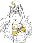 1girl :d blush breasts cellphone commentary covering_nipples hair_between_eyes highres holding holding_phone lamia large_breasts long_hair miia_(monster_musume) monster_girl monster_musume_no_iru_nichijou no_bra phone pointy_ears selfie sketch smartphone smile solo spot_color tail twitter_username very_long_hair zehturtle 