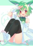  1girl 2y_(tsuyu) animal_ear_fluff animal_ears black_footwear bright_pupils crossbone_gundam crossbone_gundam_ghost fingerless_gloves gloves green_hair gundam haro haroro looking_at_viewer off_shoulder panties red_eyes salute short_hair smile solo thighhighs underwear white_footwear white_gloves white_panties white_pupils 