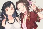  2girls aerith_gainsborough bangle bangs black_gloves black_hair black_sports_bra blush bracelet breasts brown_hair closed_mouth collarbone dangle_earrings dress earrings elbow_gloves eyebrows_visible_through_hair final_fantasy final_fantasy_vii final_fantasy_vii_remake fingerless_gloves fujie-yz gloves green_eyes grey_hair hair_ribbon highres jacket jewelry large_breasts long_hair looking_at_viewer multiple_girls necklace open_mouth pink_dress pink_ribbon ponytail red_eyes red_jacket ribbon short_sleeves sidelocks simple_background small_breasts smile sports_bra suspenders swept_bangs tank_top tifa_lockhart upper_body w white_tank_top 