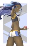  1girl ass black_hair blue_eyes blue_eyeshadow blue_hair breasts closed_mouth dark-skinned_female dark_skin earrings eyeshadow fujie-yz hair_bun hand_in_hair highres holding holding_poke_ball hoop_earrings jewelry looking_at_viewer makeup multicolored_hair nessa_(pokemon) poke_ball poke_ball_(basic) pokemon pokemon_(game) pokemon_swsh shorts signature small_breasts sparkle swimsuit tankini 