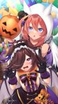  2girls :o ahoge animal_ears balloon bangs black_bow black_gloves black_skirt blue_eyes blue_sky blush bow bowtie brown_hair buttons claw_pose cloud cloudy_sky commentary_request cowboy_shot eyebrows_visible_through_hair fangs food gloves hair_between_eyes hair_over_one_eye halloween halloween_costume hands_up hat highres holding holding_food holding_pumpkin holding_vegetable hood hood_up horse_ears horse_girl huge_ahoge lace-trimmed_gloves lace_trim long_hair long_sleeves looking_at_viewer lower_teeth maid_headdress make_up_in_halloween!_(umamusume) merxkialis mihono_bourbon_(umamusume) mini_hat mini_top_hat multicolored_bow multicolored_clothes multicolored_skirt multiple_girls nose_blush official_alternate_costume open_mouth orange_sailor_collar outdoors pink_eyes pink_nails puffy_sleeves pumpkin purple_skirt purple_wings red_brooch red_hair rice_shower_(umamusume) sailor_collar short_sleeves sidelocks skirt sky sleeve_cuffs sunlight sweater teeth top_hat umamusume vegetable white_sweater wings 