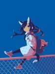  1girl animal_ears backpack bag black_legwear blue_background blue_eyes cat_ears commentary_request converse fence full_body jumping long_hair original pink_footwear shoes slit_pupils sneakers solo tail torimomu 