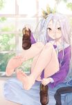  1girl bangs bare_legs barefoot blush brown_footwear crown eyebrows_visible_through_hair feet feet_up full_body hair_between_eyes highres indoors kou_futoshi legs legs_up loafers long_hair long_sleeves looking_at_viewer neckerchief no_game_no_life one_side_up purple_serafuku purple_shirt sailor_collar sailor_shirt school_uniform shiny shiny_hair shiro_(no_game_no_life) shirt shoes side_ponytail silver_hair sitting skirt solo sweatdrop thighs window yellow_eyes yellow_neckerchief 