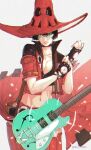  1girl black_gloves black_hair black_shorts breasts electric_guitar fingerless_gloves gloves green-tinted_eyewear guilty_gear guilty_gear_strive guitar hat highres i-no instrument looking_at_viewer medium_breasts mole mole_above_mouth partially_unbuttoned red_headwear red_skirt rimless_eyewear short_hair shorts shorts_under_skirt signature skirt solo sunglasses thigh_gap thighhighs tinted_eyewear tsuna_(akmu8832) twitter_username witch_hat 