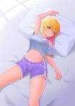  1girl arm_up blonde_hair breasts commentary commission highres lying maribel_hearn medium_breasts medium_hair midriff navel off_shoulder on_back on_bed pillow purple_shorts recare shirt shorts solo t-shirt touhou yellow_eyes 