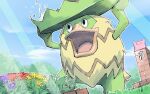  black_eyes cloud commentary_request day ditto faucet flower from_below grass ludicolo mukiguri no_humans open_mouth outdoors pokemon pokemon_(creature) sky tongue water water_drop yellow_flower 