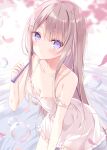  1girl bare_arms bare_shoulders blush breasts brown_hair bubble cherry_blossoms cleavage collarbone commentary_request dress frilled_dress frills hair_ornament hairclip hand_up holding hoshi_(snacherubi) long_hair looking_at_viewer original petals purple_eyes ripples sleeveless sleeveless_dress small_breasts solo strap_slip very_long_hair water wet white_background white_dress 