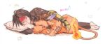  barefoot cat clawed_gauntlets commentary_request cuddling feathers final_fantasy final_fantasy_vii fire headband heart pillow rainbow red_xiii sleeping softpinki star_(symbol) vincent_valentine 