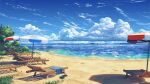  artist_name beach beach_towel beach_umbrella blue_sky bush cloud cloudy_sky collaboration copyright_name copyright_request day flip-flops grass highres horizon lake outdoors sand sandals scenery sky sparkle surafin towel troncill umbrella water 