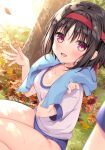  1girl :d autumn_leaves bangs black_hair blue_buruma blush breasts buruma collarbone commentary_request day eyebrows_visible_through_hair gym_uniform hair_between_eyes hairband looking_at_viewer original outdoors panties panty_peek pink_panties red_eyes red_hairband see-through shikitani_asuka shirt short_sleeves small_breasts smile solo_focus squatting sweat towel towel_around_neck tree twitter_username underwear wet wet_clothes wet_shirt white_shirt 