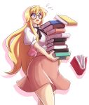  1girl bangs black_ribbon blonde_hair blue_eyes book bow bowtie commentary_request glasses hair_between_eyes headband holding holding_book long_hair mazume mole mole_under_eye neck_ribbon open_mouth original pink_skirt ribbon shirt short_sleeves simple_background skirt solo sweatdrop wavy_mouth white_background white_shirt 