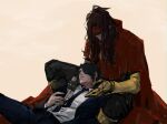  2boys black_hair clawed_gauntlets cloak commentary dirge_of_cerberus_final_fantasy_vii final_fantasy final_fantasy_vii formal gar_randia gloves headband highres long_hair messy_hair multiple_boys necktie short_hair sleeping suit symbol-only_commentary vincent_valentine 