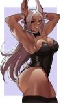  1girl animal_ears armpits arms_up artist_name ass bare_shoulders boku_no_hero_academia bow bowtie breasts brown_eyes bunny_pose dark-skinned_female dark_skin detached_collar english_commentary gud0c highres large_breasts leotard long_hair looking_at_viewer mirko parted_lips playboy_bunny rabbit_ears rabbit_girl rabbit_tail sleeveless slit_pupils smile solo strapless strapless_leotard tail teeth thighhighs watermark wrist_cuffs 