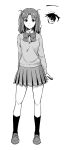  1girl azami_masurao bangs bow cardigan collared_shirt commentary_request full_body greyscale highres loafers long_hair long_sleeves looking_at_viewer monochrome parted_bangs pleated_skirt school_uniform shirt shoes simple_background skirt smile solo thighhighs tsukihime tsukihime_(remake) twintails two_side_up white_background yumizuka_satsuki 