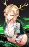  1girl absurdres bangs blonde_hair blue_shirt breasts cleavage collarbone dragon_girl dragon_horns dragon_tail dripping eyebrows_visible_through_hair green_skirt highres horns kicchou_yachie large_breasts liquid midriff navel pleated_skirt raptor7 red_eyes scales shirt short_hair short_sleeves sitting skirt smile solo stomach symbol-only_commentary tail touhou turtle_shell upper_body v_arms 