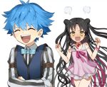  1boy 1girl @_@ bangs bare_shoulders black_hair blue_hair blue_vest bow bowtie breasts chest_tattoo closed_eyes double_bun dress_swimsuit facial_mark fate/extra fate/extra_ccc fate/grand_order fate_(series) forehead_mark hans_christian_andersen_(fate) laughing long_hair long_sleeves meiji_ken multicolored_hair open_mouth parted_bangs pink_hair pink_swimsuit sesshouin_kiara sesshouin_kiara_(lily) shirt short_hair small_breasts smile streaked_hair striped striped_shirt swimsuit tattoo tearing_up vertical-striped_shirt vertical_stripes very_long_hair vest wavy_hair yellow_eyes younger 