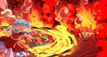  2girls blonde_hair blood bubble commentary commentary_request crystal curly_hair detached_sleeves dress fighting fire flandre_scarlet frilled_skirt frilled_sleeves frills hat hat_ribbon hell highres horn_ornament horn_ribbon horns laevatein_(touhou) mob_cap multiple_girls one_side_up pool_of_blood puffy_short_sleeves puffy_sleeves red_eyes red_skirt red_vest ribbon sachisudesu sheep_horns short_hair short_sleeves side_ponytail skirt skirt_set spork touhou touhou_gouyoku_ibun toutetsu_yuuma vest watermark white_hair wings 
