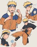  1boy age_progression blue_eyes blush collage cropped_torso etceteraart facial_mark forehead_protector full_body highres jacket male_focus naruto:_the_last naruto_(series) naruto_shippuuden ninja orange_pants pants rasengan short_hair smile uzumaki_naruto whisker_markings zipper 