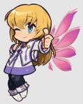  1girl black_legwear blonde_hair blue_eyes chibi closed_mouth colette_brunel commentary dress full_body ibara. long_hair looking_at_viewer one_eye_closed pantyhose simple_background smile solo tales_of_(series) tales_of_symphonia wings 