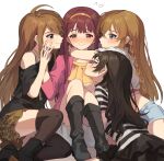  4girls absurdres arms_around_neck bangs black_footwear black_hair blunt_bangs blush braid brown_hair commentary_request embarrassed flying_sweatdrops full-face_blush hairband hand_on_another&#039;s_hand hand_on_another&#039;s_knee hano9789 harem highres horizontal_stripes idolmaster idolmaster_million_live! idolmaster_million_live!_theater_days kitazawa_shiho kousaka_umi long_hair looking_at_another looking_away multiple_girls profile red_eyes shirt simple_background sitting straight_hair striped striped_shirt tanaka_kotoha thighhighs tokoro_megumi very_long_hair yuri zettai_ryouiki 