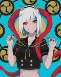  1girl bangs black_nails blue_background blunt_bangs buttons clenched_teeth double-breasted fingernails grin highres horns lam_(ramdayo) oni original sailor_collar short_sleeves smile solo teeth upper_body white_hair yellow_eyes 