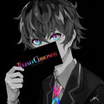  1boy black_background blue_eyes character_request collared_shirt copyright_name covering_mouth hair_behind_ear hair_between_eyes highres holding lam_(ramdayo) limited_palette looking_at_viewer male_focus mole multicolored_eyes pink_eyes shirt signature tokyo_chronos 