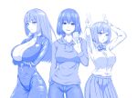  3girls arms_under_breasts arms_up bangs blue_theme bodysuit breast_hold breasts cellphone cleavage closed_mouth collared_shirt crossed_arms denim highres holding holding_phone hood hoodie ijiranaide_nagatoro-san jeans large_breasts long_hair looking_at_viewer monochrome multiple_girls nagatoro&#039;s_sister neck_ribbon open_mouth pants partially_unzipped phone pleated_skirt ribbon school_uniform shirt shirt_tucked_in short_hair simple_background skirt smartphone smug sunomiya_hana sunomiya_sana v viperxtr white_background 