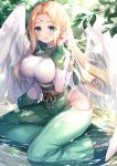  1girl angel_wings aqua_eyes arm_support bangs blonde_hair blush breasts capelet commentary_request day dress eyebrows_visible_through_hair feathered_wings forehead forehead_jewel green_capelet green_dress hand_up highres large_breasts leaf long_hair long_sleeves looking_at_viewer mitsuba_choco outdoors parted_bangs parted_lips sitting smile solo teeth urtoriy utawarerumono utawarerumono:_lost_flag very_long_hair water white_legwear white_wings wings yokozuwari 