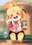 1girl animal_crossing animal_ears animal_hands bench blurry blurry_background blush bottle dagashi_(daga2626) dog_ears dog_girl furry furry_female highres isabelle_(animal_crossing) jacket leaf_print open_mouth short_shorts shorts sitting smile soles solo_focus tom_nook_(animal_crossing) towel trembling water_bottle window wiping_face 