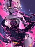  1girl black_dress blue_eyes breasts colored_skin dress fate/grand_order fate_(series) glasses grey_hair grey_skin highres horns jacques_de_molay_(foreigner)_(fate) medium_breasts revealing_layer yellow_eyes 