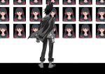  absurdres black_background black_hair blush clenched_hand closed_eyes collarbone danganronpa_(series) danganronpa_v3:_killing_harmony facing_away facing_viewer from_behind hair_up harukawa_maki highres jacket jacket_on_shoulders long_hair long_sleeves mole mole_under_eye momota_kaito pants parted_lips photo_(object) red_eyes red_scrunchie scrunchie shirt shoes si_cha_lan_diao smile symbol-only_commentary tears white_background 