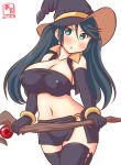  1girl artist_logo bandeau bare_shoulders black_gloves blue_eyes blue_hair breasts cleavage covered_nipples cowboy_shot dated elbow_gloves eyebrows_visible_through_hair gloves hair_between_eyes halloween halloween_costume hat isuzu_(kancolle) jack-o&#039;-lantern kanon_(kurogane_knights) kantai_collection large_breasts long_hair looking_at_viewer miniskirt navel one-hour_drawing_challenge pumpkin simple_background skirt solo staff stomach strapless tube_top twintails white_background witch witch_hat 