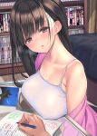  1girl bangs black_hair blush bookshelf breast_rest breasts brown_eyes cleavage coffee_cat commentary_request copyright_request covered_nipples desk eyebrows_visible_through_hair highres holding holding_pen indoors jacket large_breasts long_hair looking_at_viewer male_hand manga_(object) math off_shoulder open_mouth pen pov pov_hands purple_jacket shirt solo_focus spaghetti_strap straight_hair sweat tutor white_shirt 