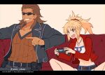  1boy 1girl bangs bare_legs belt black_belt blonde_hair braid brown_belt brown_hair collarbone controller couch facial_hair fang fate/apocrypha fate_(series) game_controller goatee green_eyes high_ponytail holding holding_controller holding_game_controller jacket letterboxed long_hair long_sleeves meiji_ken mordred_(fate) mordred_(fate/apocrypha) navel open_mouth parted_bangs pointing ponytail red_jacket red_scrunchie scrunchie shishigou_kairi shorts sitting smile sunglasses v-shaped_eyebrows 