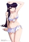  1girl absurdres arm_support arm_up bangs bare_shoulders bikini bikini_skirt black_hair blush breasts cleavage collarbone frilled_bikini frills highres komi-san_wa_komyushou_desu komi_shouko long_hair looking_at_viewer medium_breasts megami_magazine nakajima_atsuko navel official_art parted_lips scan simple_background sitting solo swimsuit white_background white_bikini 