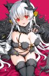  1girl animal_ears black_tail breasts cosplay dragon_girl dragon_horns elbow_gloves fate/grand_order fate_(series) fur-trimmed_gloves fur-trimmed_legwear fur_bikini fur_collar fur_trim gloves halloween halloween_costume highres horns kiyohime_(fate) large_breasts long_hair mash_kyrielight mash_kyrielight_(dangerous_beast) mash_kyrielight_(dangerous_beast)_(cosplay) morizono_shiki multiple_horns o-ring o-ring_top red_eyes revealing_clothes solo tail white_hair wolf_ears wolf_girl wolf_tail 